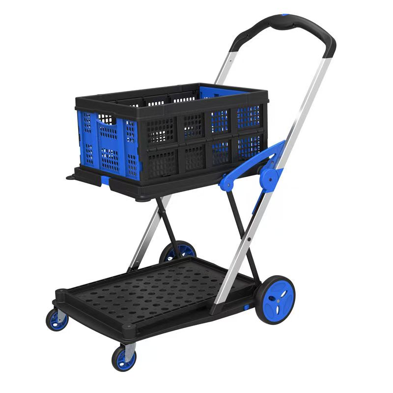 Folding double-decker supermarket shopping cart household grocery cart small cart pet stroller portable trolley