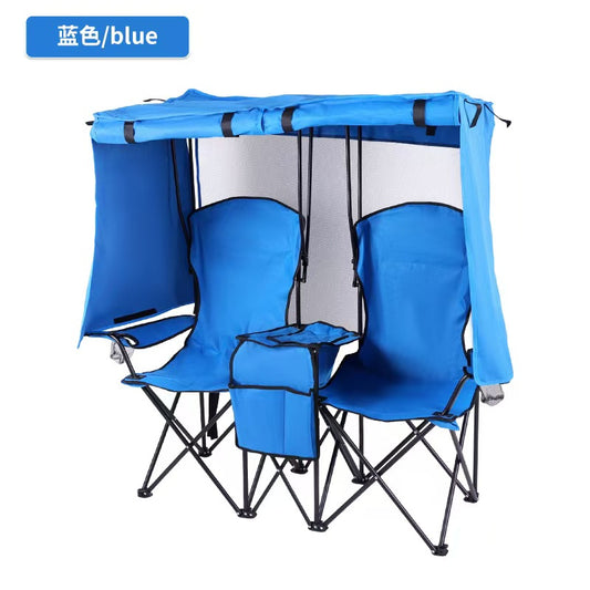 Outdoor camping leisure double folding chair fishing beach chair integrated sunshade rain canopy chair