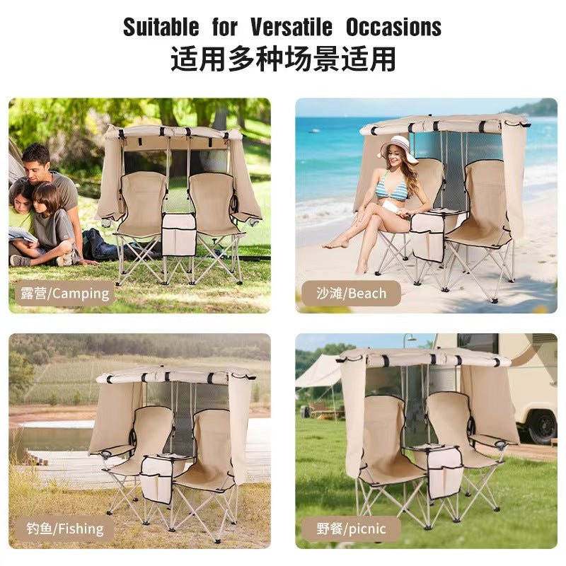 Outdoor camping leisure double folding chair fishing beach chair integrated sunshade rain canopy chair
