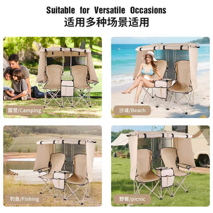 Outdoor camping leisure double folding chair fishing beach chair integrated sunshade rain canopy chair