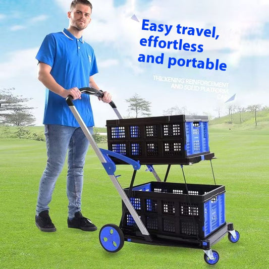 Folding double-decker supermarket shopping cart household grocery cart small cart pet stroller portable trolley